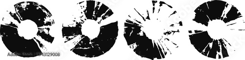 Set of grunge halftone circular distress textures worn cracked round ink splatter and brush stroke effects