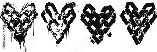 Abstract black heart shapes with paint splatter and brush stroke textures on a white background