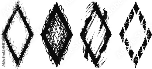 set of four grunge diamond shapes abstract rough geometric shapes with distressed textures