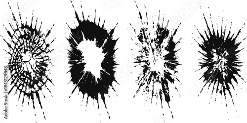 Set of four cracked and shattered glass damage patterns on transparent background