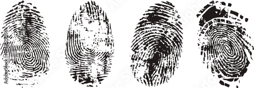 Four diverse black fingerprint patterns isolated on white background, forensic identity and security concept