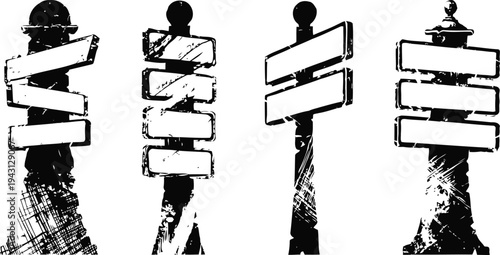 Four vintage wooden signposts with blank directional boards in black and white grunge