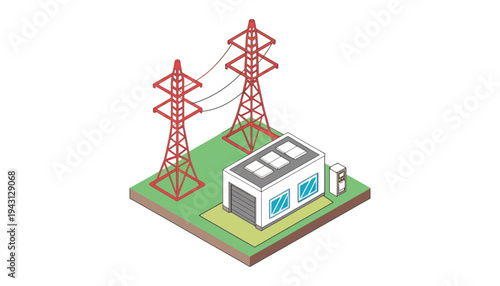 Electricity substation isometric illustration with transmission towers and building