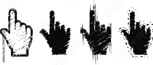 Set of grunge hand cursors pointing up, digital icons with distressed texture