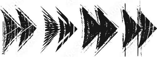 Set of grunge black arrows pointing right distressed grungy vector icons for design and navigation