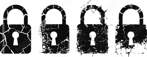 set of distressed black padlock icons symbolizing security and vulnerability in access control