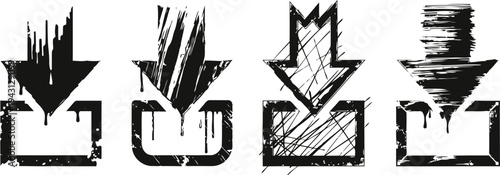 set of four black grunge downward arrows pointing into open boxes rough sketch design with textured brush strokes
