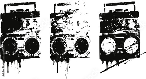 Vintage boombox graffiti art set urban street music players painted on wall retro hip hop illustration