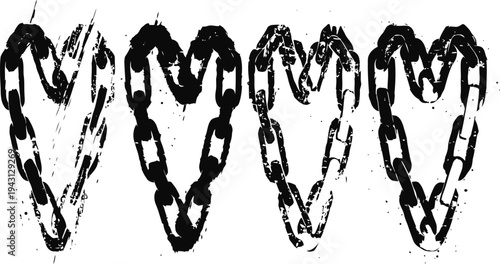 Grunge heart shapes with chain links in black ink brush strokes set