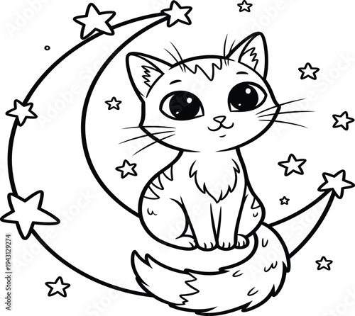 Whimsical cat on a colorful moon page with stars for kids to color