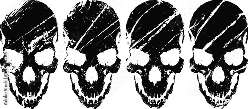 Four distressed black skull silhouettes with scratches and grunge texture background