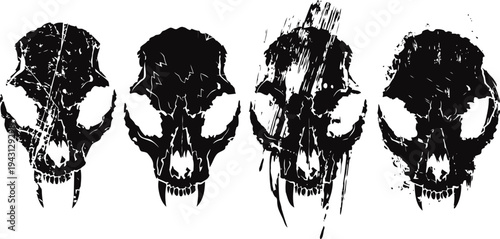 Abstract black and white artistic skull silhouettes with distressed textures and grunge