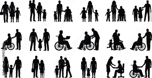 Diverse family and caregiver silhouettes including wheelchair users parents children support scenes disability inclusion healthcare community vector set isolated collection
