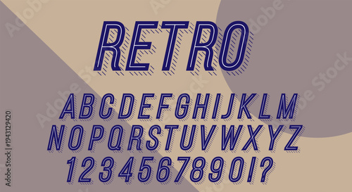  Retro Vintage Font - Navy Blue Inline Alphabet with Hatched Shadow Effect on Beige Background