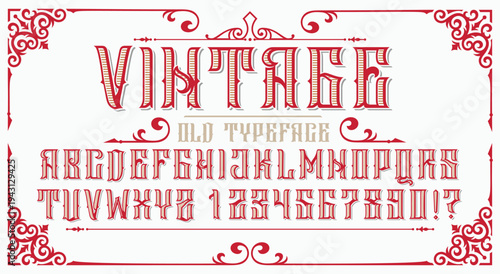 Vintage Old Typeface - Victorian Decorative Alphabet Font with Ornate Border in Red on White Background