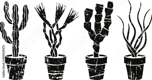 four stylized black cactus illustrations in flower pots with textured cracked