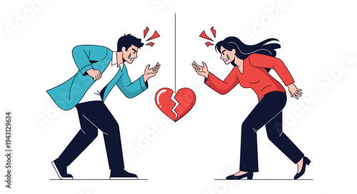 Man and woman in a heated argument with angry expressions while a broken red heart hangs suspended between them on a white background.