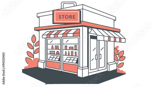 Store building vector illustration with red and white striped awning