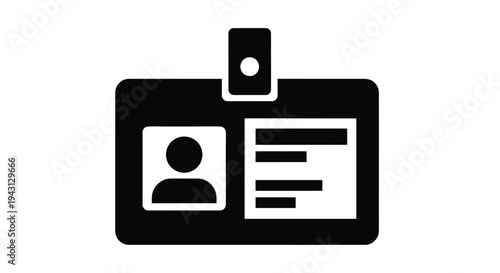 A black identification card icon featuring a human profile and text lines representing a professional employee badge or a security credential.