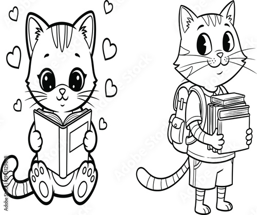 Cute cat reading color page for kids with hearts and books