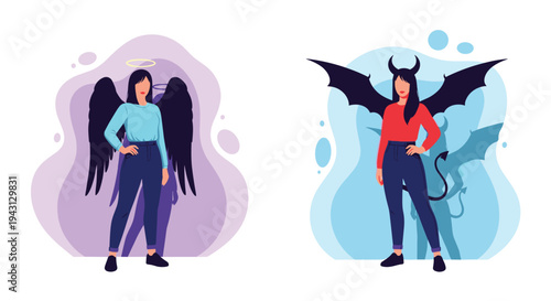 Two female characters standing side by side with one depicted as an angel with black wings and the other as a devil with horns and a tail.