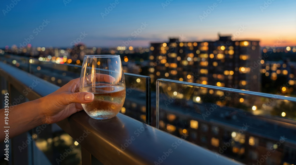 Obraz premium Woman holding glass of white wine on balcony of modern apartment. Evening view of city lights from luxury rental home. Lifestyle concept for urban living and relaxation in residence.