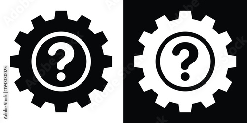 Technical support and troubleshooting icon. A gear with a question mark symbolizing system help, configuration assistance, maintenance queries, and repair instructions.