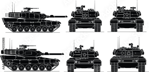 Modern military battle tank silhouette set showing side, front and rear views detailed armored vehicle vector illustration for defense concept