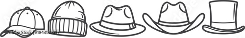 Set of five different hats including a baseball cap, beanie, fedora, cowboy hat, and top hat in a simple black and white line art illustration style