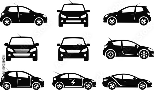 Compact car silhouettes set showing hatchback vehicles from side and front views isolated black vector icons for transportation design