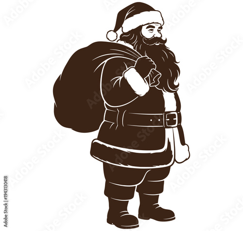 Santa Claus in a traditional costume with a sack on his back standing alone