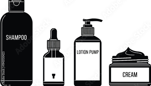 A set of black and white cosmetic product icons including shampoo, lotion, and cream