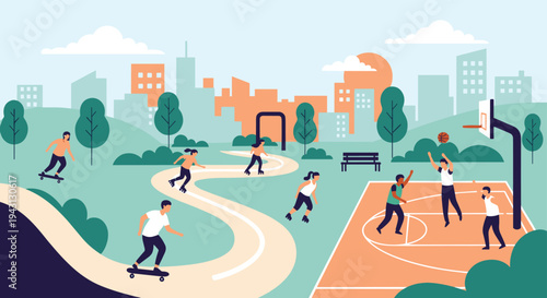 Vibrant scene of people enjoying various sports activities in an urban park including skateboarding, rollerblading, and basketball.