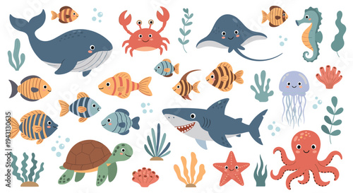 Cheerful collection of cute sea creatures including a whale, shark, turtle, octopus, jellyfish, and various colorful fish and corals.