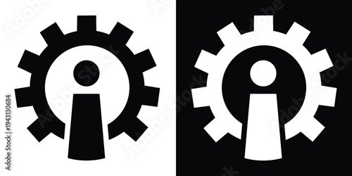 System information and technical details icon. A gear silhouette containing an "i" symbol for mechanical specifications, settings info, and industrial data guidance.