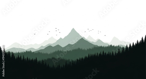 Mountain Range Silhouette Forest Landscape.
