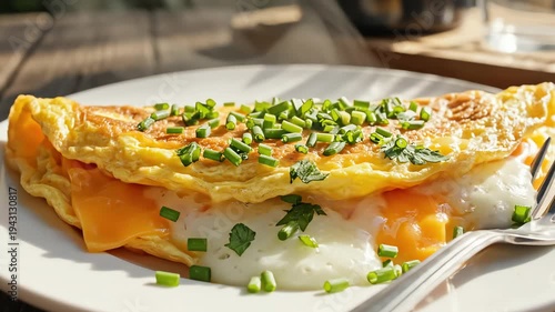 Delicious omelet with fresh herbs on a white plate for culinary and food concepts