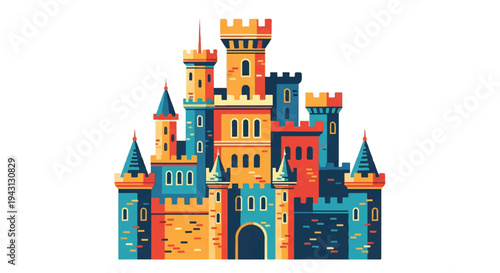 Colorful cartoon castle illustration isolated on white background