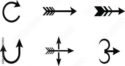 A collection of six different black arrow symbols on a white background