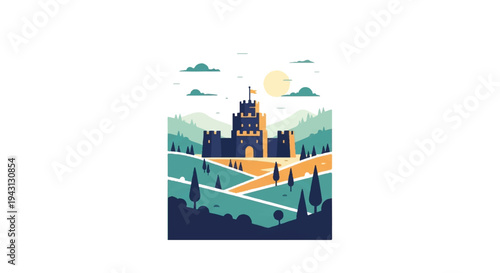 Illustrated castle on a hilltop with trees and sky