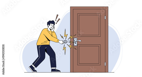 Frustrated man trying to open a locked wooden door while yellow lightning bolt symbols indicate a struggle or a technical door problem.