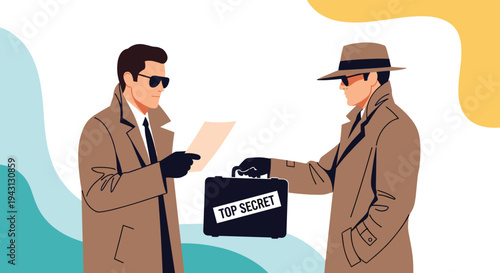 Two mysterious men in trench coats and sunglasses meeting to exchange a top secret briefcase and a document in a stylized illustration.