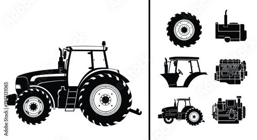 Modern agricultural tractor vector illustration set featuring farm tractor body large wheel engine block driver cabin and small tractor icon