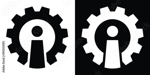 System information and technical details icon. A gear silhouette containing an "i" symbol for mechanical specifications, settings info, and industrial data guidance.