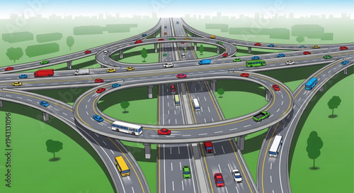 Complex Highway Interchange with Multiple Lanes and Overpasses.