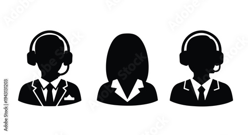 Set of 3 black silhouette customer service icons vector, featuring male and female call center agents with headsets, ideal for business support and communication designs.