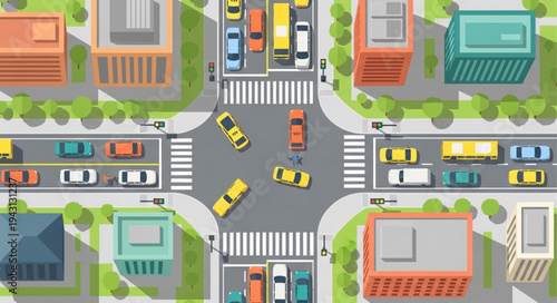 Aerial View of a Busy City Intersection with Cars.