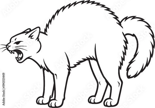 Cat Arching Back Hiss Defensive Posture Black and White Line Art Illustration