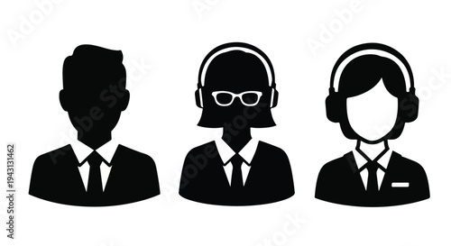Set of 3 black and white vector customer service icons featuring male and female avatars with headsets and glasses, ideal for business support and communication designs.