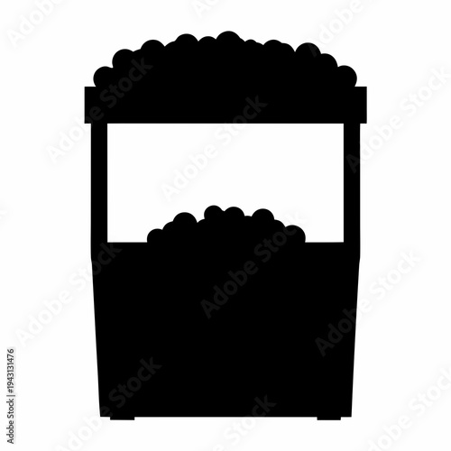 Simple black and white illustration of a popcorn cart brimming with popcorn